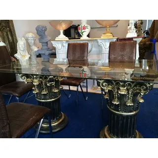 Bronzo Esstisch Glastisch, Säulentisch, Designertisch Wohnzimmertisch Kanzleitisch, Praxistisch 100% Handgefertigt Antik Stil Retro Medusa Mäande... - Schwarz/Gold