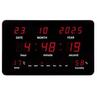 Perel Wanduhr mit LED-Display, digital, Thermometer, Hygrometer, Schwarz, Rot