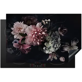 KitchenYeah© Herdabdeckplatte Einteilig Herdabdeckung Abdeckplatte für Ceranfeld Abdeckung Induktionskochfeld Aufrollbare Matte Blumen - Pink - Vintage - Pastell - Rosa - Schwarz - 81x52 cm