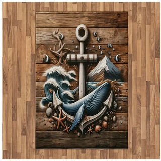 Teppich Flachgewebe Deko-Teppiche für das Wohn-,Schlaf-, und Essenszimmer, Abakuhaus, rechteckig, Nautisch Rustikale maritime Kunst Wellen blau|braun|grau
