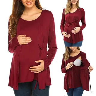 Damen Umstandsmode Top Stillshirt Langarm T-Shirt Schwangerschaft Umstandstop Shirt Überlagertes Design Umstandsshirt Schwangerschaft Kleidung Mutterschafts Geschichtetes Stillen - M