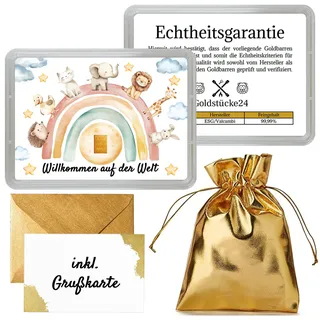 Motivbox zur Geburt mit 0,5g Goldbarren – „Willkommen auf der Welt“ – niedliche Tiermotive – Echtheitsgarantie von Goldstücke24 – Geschenkidee für Neugeborene mit goldener Grußkarte & Geschenkbeutel