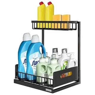 Spülschrank Organizer schmal ausziehbar Küche Metall 2 Etagen unter Waschbecken Regal Küchen Organizer Gewürzregale Organizer für Badezimmer schw