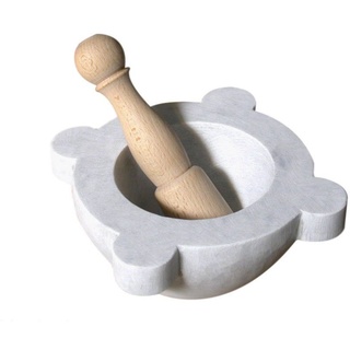Mörser aus weißem Marmor mit Stößel aus Holz Weiß Marble Mortar 20 cm