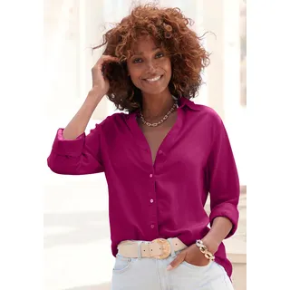 Hemdbluse LASCANA "mit V-Ausschnitt aus weicher Webware mit Leinenanteil", Damen, Gr. 38, lila (aubergine), Web, Obermaterial: 58% Viskose, 28% Baumwolle, 14% Leinen, unifarben, figurumspielend hüftbedeckend, V-Ausschnitt, 2-Knopf-Manschette, Blusen Hemdbluse, Damenbluse mit langen Ärmeln, lockere Leinenbluse, Sommerbluse, Topseller