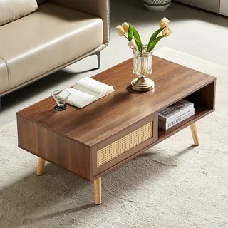 Korbgeflochtener Couchtisch, Teetisch Mit Schiebetüren, Beine Aus Massivholz, Moderner Wohnzimmertisch, Dunkles Walnussholz-h40/b1050/t55 Cm