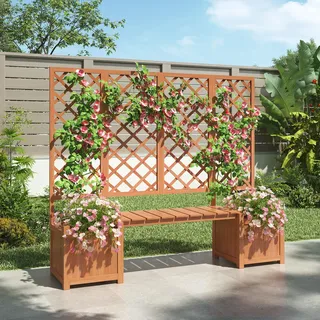 LAKFEW Pflanzkübel mit Bank 2 Sitzer, Pflanzgefäß mit Sichtschutz und Rankgitter, Rankkasten Holz Blumenkasten Rankhilfe mit Spalier, Blumenkübel für Kletterpflanzen Korbpflanzen, 169x42x145 cm, Braun