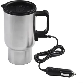 URPIZY Elektrischer Auto Wasserkocher Becher 450ML Edelstahl Vakuum Isoliert Kaffeetasse 12V Mit Kontrollleuchte Silikondeckel Für Reise Büro Camping Silber Schwarz
