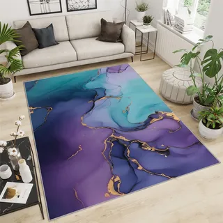 QDJKBL Teppich, 120 x 170 cm, violett-grün, türkis, Marmor, luxuriöser Farbverlauf, flüssige Kunst, Graffiti, moderner Teppich, Büroteppich, pflegeleicht für Terrasse, Büro