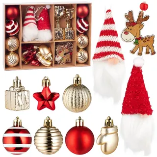BRUBAKER Christbaumschmuck 24 Stück Weihnachtskugel Set Gold und Rot (24-tlg), Baumkugel Set mit Wichtel Zwergen und Rentier Anhänger aus Holz rot