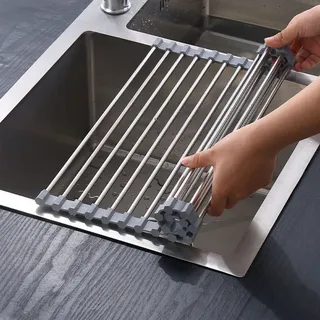 ViWaVee Abtropfgestell Geschirr, Faltbare und Abnehmbare Geschirrabtropfgestell über Dem Spülbecken, Abtropfmatte, Abtropfgitter spüle für Tassen, Obst, Gemüse, Supe Küchen Organizer(Grau(43 * 35))