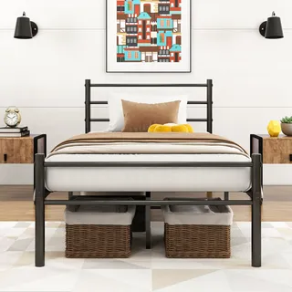 VERFARM Metallbett mit Lattenrost Bettrahmen mit Kopfteil Einzelbett Gästebett Einzelbettgestell 90 x 200 cm, Schwarz