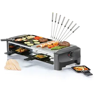 PRINCESS Raclette, 8 Raclettepfännchen, 1400 W, großes Gerät 2-8 Personen Tisch-Grill Stein & wendbare Griddle Platte schwarz