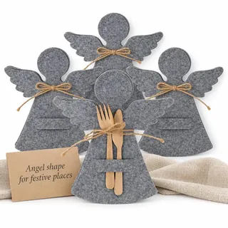 MIJOMA Besteckhalter Engel 4er Set aus Filz – Tischdeko Weihnachten – Platz für Besteck – 20x22 cm – Jute-Kordel – Dekorativer Besteckhalter für festliche Tafel (Grau)