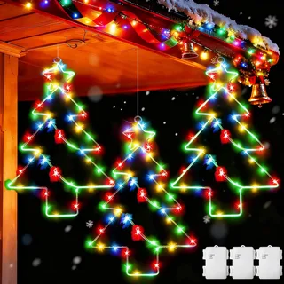 Dekofun Weihnachtsdeko Fenster 3 Stück 55 LED Großes Metall Hängend Weihnachtsbaum Fensterbeleuchtung Batterie mit Timer, Weihnachtsbeleuchtung Außen Wasserdicht Stern Fenster für Deko - Mehrfarbig