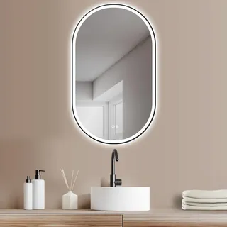 HOKO LED-Badspiegel oval 45x75 cm, schwarzer Rahmen, Anti-Beschlag, Ravenna | Wandspiegel mit Touch, Memory und Lichtfarbe 2700–6500 K für Gäste-WC, Einzelwaschtisch, Pflege und Styling, IP44