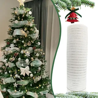 26 cm×9 m Glänzend Weihnachtsgirlanden Weihnachtsband Breit Weiß,Weihnachtsbänder Geschenkband Dekoband Weihnachten Poly Mesh Ribbon für Schleifen Weihnachtsbaum Deko Weihnachtskranz Türkranz Winter