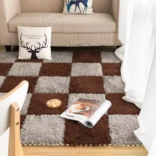 20 Stück Flauschige Ineinandergreifende Schaumstoffmatten-Bodensets,Plüsch-Puzzle-Schaumstoff-Bodenmatte,Flauschige Plüsch-Teppichfliesen für Wohnzimmer,Esszimmer(Color:braun+grau)