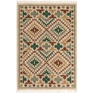 Teppich Zohra, benuta, rechteckig, Höhe: 5 mm, Wolle, handgewebt, Kelim, Ethno-Style, Wohnzimmer grün 70 cm x 140 cm x 5 mm