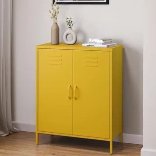 skølm Atria Metall Kommode – Sideboard in Gelb – Metallschrank mit 3 Fächern & Doppeltüren – Mehrzweckschrank mit flexiblen Einlegeböden – Industrial Highboard – Aufbewahrungsschrank/Flurschrank