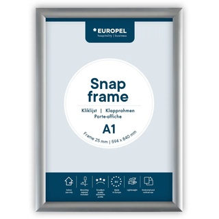 EUROPEL Klapprahmen A1 mit 25 mm Aluminium-Profil - aufklappbarer Plakatrahmen mit Gehrungsecke - Schnapprahmen für u.a. Poster, Zertifikate, Fotos & Werbemittel - Silber, 355013