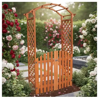 Melko Rosenbogen Pflanzenbogen mit Tür und Rankgitter Rankhilfe für Gartenpflanzen Garten-Rankhilfe, Rankbogen mit integrierter Tür, Bodenwinkeln zur Befestigung, Rankbogen aus Holz mit Tür und Bodenwinkeln zur Befestigung braun