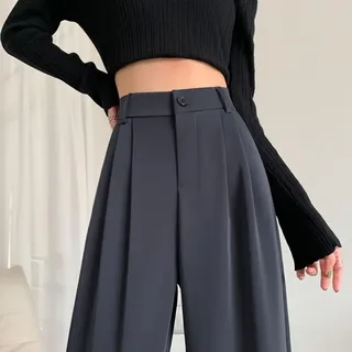 RANRAO Petite Damen-Hose, hohe Taille, weites Bein, locker, lässig, drapiert, gerade Hose, einfarbig, für Freizeit, Urlaub, Schwarz