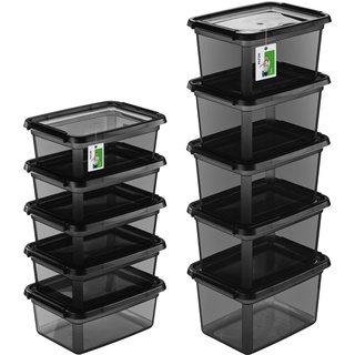 PAFEN Aufbewahrungsbox mit Deckel SET 2 Größen 5x 12,5L + 5x 15L - Boxen Aufbewahrung Stapelboxen mit Verschlussclips Kunststoffbehälter Kleiderboxen Transparent Organizer | Schwarz