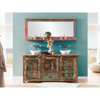 Woodkings Waschtisch mit Spiegel Badset 2-teilig, Blue Lagoon massiv Holz, rustikal Waschtischunterschrank Doppelwaschtisch Badmöbel Badezimmer Möbel farbig Wandspiegel mit Ablage Badschrank