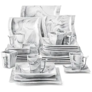 MALACASA Geschirr-Set Tafelservice FLORA für 6/4 Personen Marmor Geschirrset (30-tlg), 6 Personen, Porzellan grau
