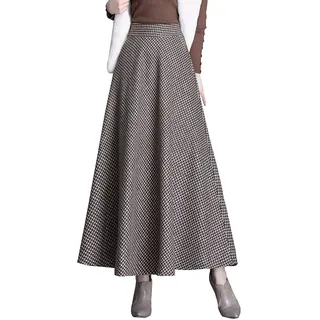 Damen Lang Rock Elegant Maxi Winterrock Plaid Warm Wollrock Hohe Taille Karierter röcke Herbst Elastische Taille Vintage A Linie Casual Midi Faltenrock B Khaki S - S
