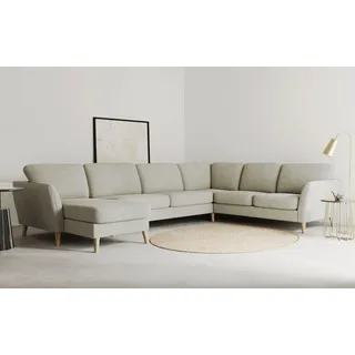 Home affaire Wohnlandschaft MARSEILLE XXL 349cm, U-Form, Ottomane rechts/links wählbar, Massivholzbeine Eiche, Landhausstil, Wellenunterfederung beige|braun