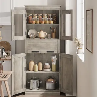 Thaookte Küchenschrank, 170 cm Hoher Mehrzweckschrank, Buffetschrank Mit 4 Türen Und 2 Schubladen, Hochschrank Mit Verstellbaren Regal Für Küche, Wohnzimmer, Esszimmer, Grau
