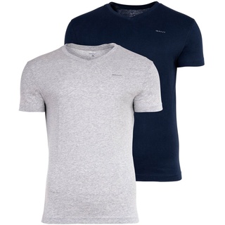 GANT Herren T-Shirt, 2er Pack - V-NECK T-SHIRT 2-PACK, V-Ausschnitt, kurzarm, Cotton Hellgrau/Marineblau 2XL
