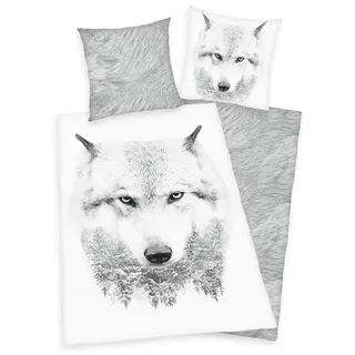 Bettwäsche Set mit Wolf 2 tlg. 135 x 200 cm 80 x 80 cm 100% Baumwolle
