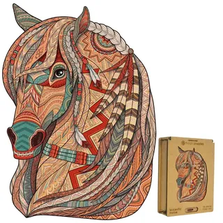 Lubiwood Verspielters Tierform-Holzpuzzle (29x21 cm) - Fördert Beobachtungsfähigkeiten und Zufriedenheit - kommt mit Holzgeschenkbox - (Majestätisches Pferd, Medium (A4))