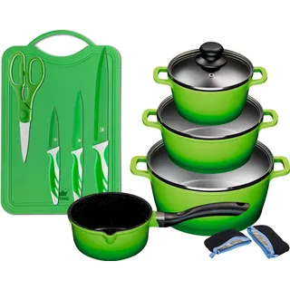 KING Topf-Set ALUGUSS, Aluminiumguss (Set, 14-tlg., je 1 Kochtopf 16/20/24 cm, 1 Stieltopf 16 cm, Schneidebrett mit Messer), Glasdeckel, Induktion,Keramikantihaftbeschichtung grün