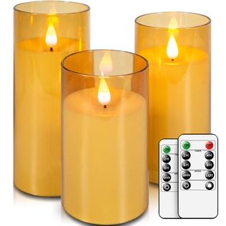 salipt LED Kerzen im Glas, Flammenlose Kerzen mit Beweglicher Flamme, Elektrische Kerzen mit Fernbedienung, 3er-Set Kerze mit Timer, Durchmesser 7.6 cm, Höhe 12.7 15.3 17.8 cm - Gelb