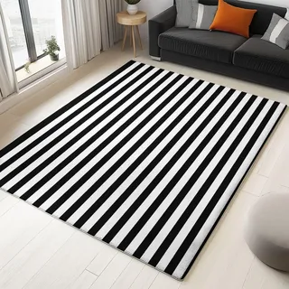 Schlichte Schwarz Weiße Streifen Teppich Flauschig Waschbar - 120 x 170 cm Komfort Super Weich Teppich Schwarz Weiße Streifen Schlicht für Arbeitszimmer Büro Wohnzimmer Esszimmer Schlafzimmer