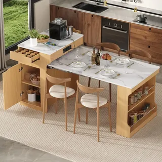 BTM Ausziehbarer Kücheninsel mit Rollen, Esstisch/Bartisch/Sideboard mit Stauraum und Ladestation für Kleine Küche, Eichenoptik