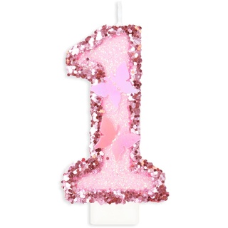 Geburtstagskerzen Zahlen 1, Schmetterling Kerzen Geburtstag, Personalisierte Geburtstagskerzen Kinder, Rosa Tortendeko 1 Geburtstag, Glitzernde Kuchendeko für KinderGeburtstags, Erwachsenen-Jubiläum