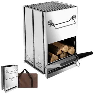 SunJas Holzkohlegrill Edelstahl Campinggrill klappbar Camping Holzofen, Faltbarer Camping Backofen, Edelstahl tragbar Campingofen, tragbarer faltbarer Holzofen mit Tragetasche, für Outdoor-Aktivitäten, Wandern, Picknick und Grillen