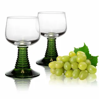 PorcelainSite Geschenkideen GmbH Weinrömer Römerglas KLEIN mit grünem Fuß, 0,1L mit Füllmarke (2 Stück Sparset)
