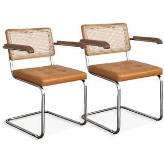 SEEDWAVE 2er-Set Freischwinger Esszimmerstühle mit Wiener Geflecht, Massivholz Armlehnen & PU-Ledersitz, Vintage Design für Esszimmer & Wohnzimmer