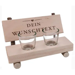 Unikatolo Schnapsbank personalisiert mit deinem Wunschtext/Namen, Geschenkidee zur Hochzeit, Geburtstag, Richtfest, Einzug, Freundschaft, kleine gravierte Holzbank mit 2 Schnapsgläsern