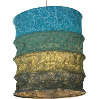 Runde Boho Papier Hängelampe, handgeschöpfter Lokta Schirm, blau/dunkelgrün