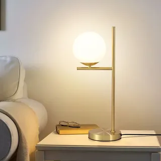 ZMH Nachttischlampe Gold Modern Tischlampe 1 Flammig Metall Tischleuchte mit Schalter aus Weiß Glaskugel E27 Fassung für Wohnzimmer Schlafzimmer ... - Gold
