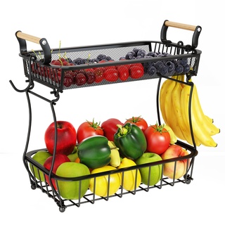 ANTOPY Obstkorb mit 2 Etagen und 2 Bananenaufhängern, Obst-Gemüsekorb, Schüssel für Küche, Theke, Metallgitterkorb, Obstständer, Produkthalter, Organizer für Zwiebeln, Kartoffeln, Brot, Snacks, Gemüse