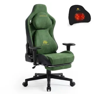 Asukale Gaming Stuhl mit Massagefunktion, Bürostuhl Ergonomisch, Grün | Mit Massage & Heizfunktion, 90°-175° Verstellbare Rückenlehne, Bürostuhl 200kg, Höhenverstellbar & Drehbar, 3D Armlehnen