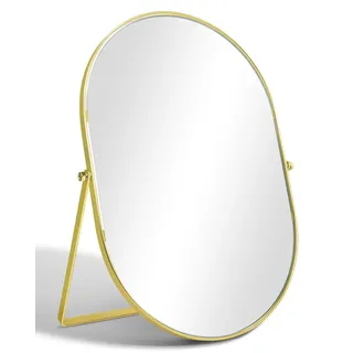 TSKDKIT Kosmetikspiegel Ovaler Schminkspiegel Mit Metallrahmen Gold Chrom | 31L cm x 22.5W cm Tragbar Tischspiegel Standspiegel für Tisch, Badezimmer, Kommode, Wohnzimmer, Schlafzimmer, Büro